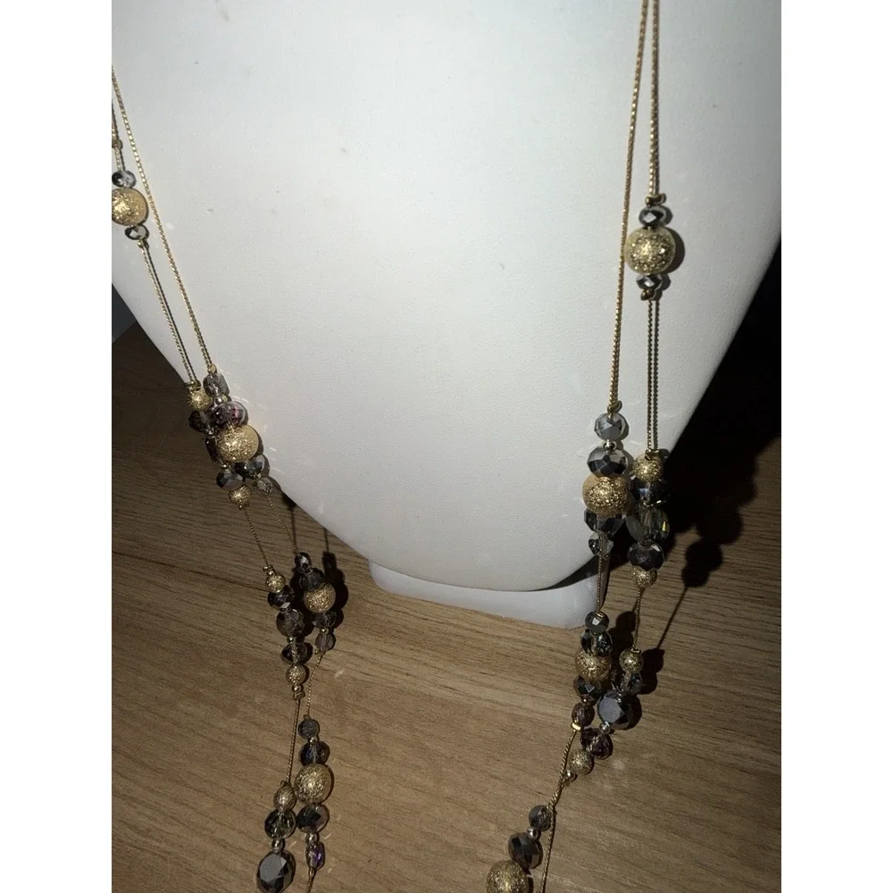 Gold Tone Multi Strand Long Beaded Necklace Smoky Quartz Style Layering